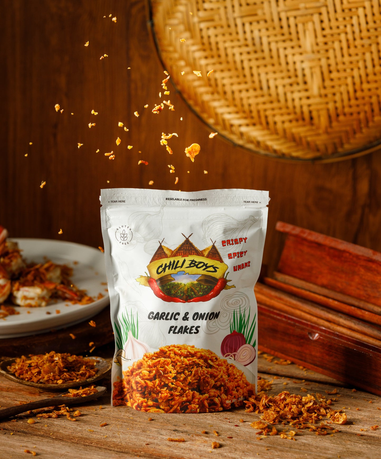 Chili Boys Spicy Crunchy Garlic and Onion Flakes | Spicy Food Topper & Seasoning | Crispy, Bold Flavor for Salads, Soups, Pasta, Meat & More | Vegan | Gluten-Free | Resealable Bag | 80g