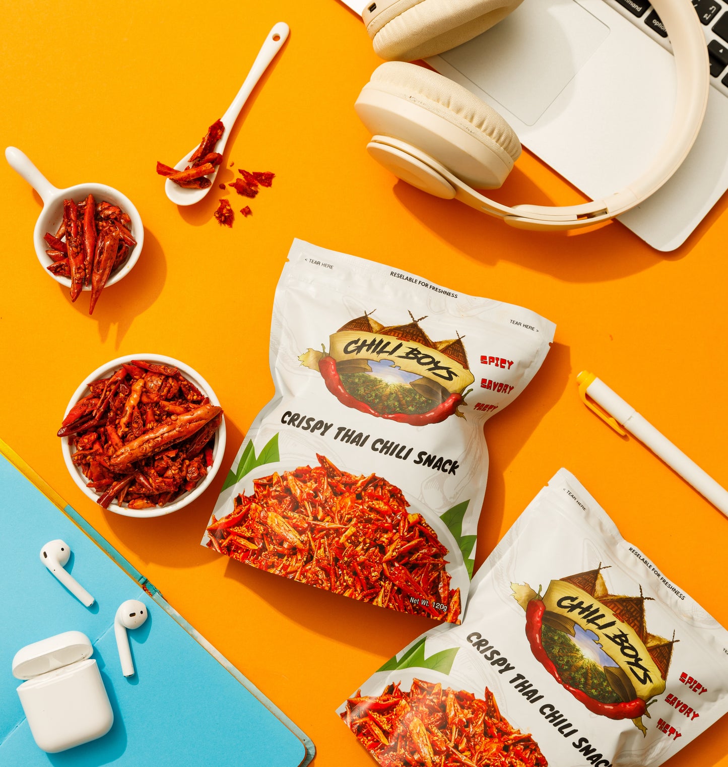 Chili Boys Spicy Crunchy Chili Crisps with Sesame Seeds | Crispy Fried Chili Snack and Food Topper | Vegan | Gourmet Savory Pepper Chips | Ready to Eat | Resealable Bag | 120g