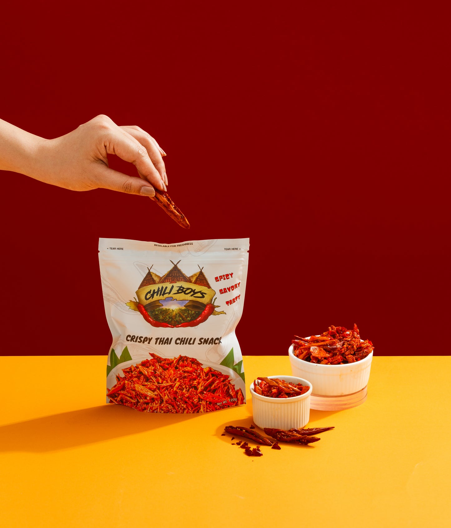 Chili Boys Spicy Crunchy Chili Crisps with Sesame Seeds | Crispy Fried Chili Snack and Food Topper | Vegan | Gourmet Savory Pepper Chips | Ready to Eat | Resealable Bag | 120g