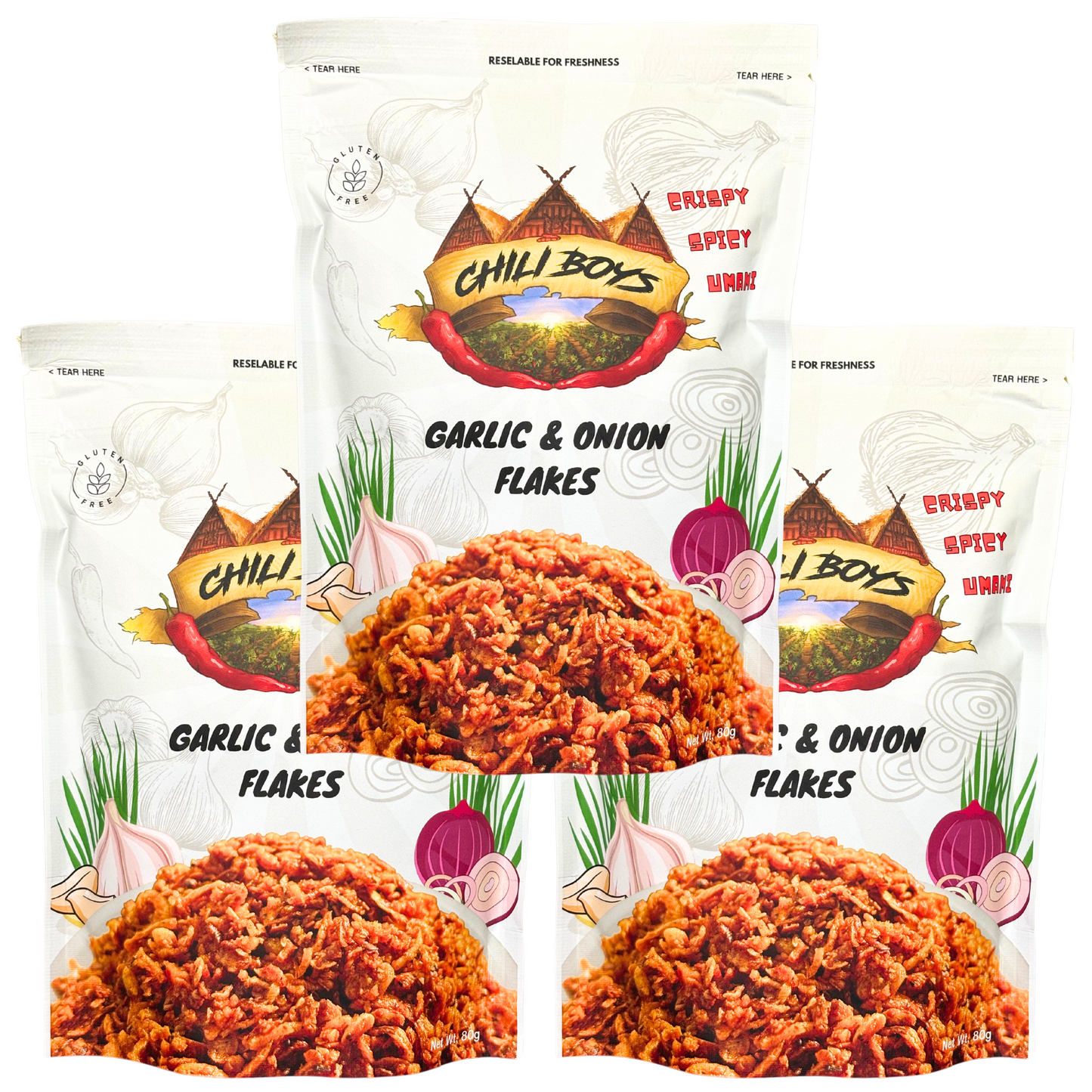 Chili Boys **3 Bag Bundle** Spicy Crispy Garlic and Onion Flakes, Crunchy Gluten-Free Food Topper, Fried All-Purpose Seasoning - 80g.