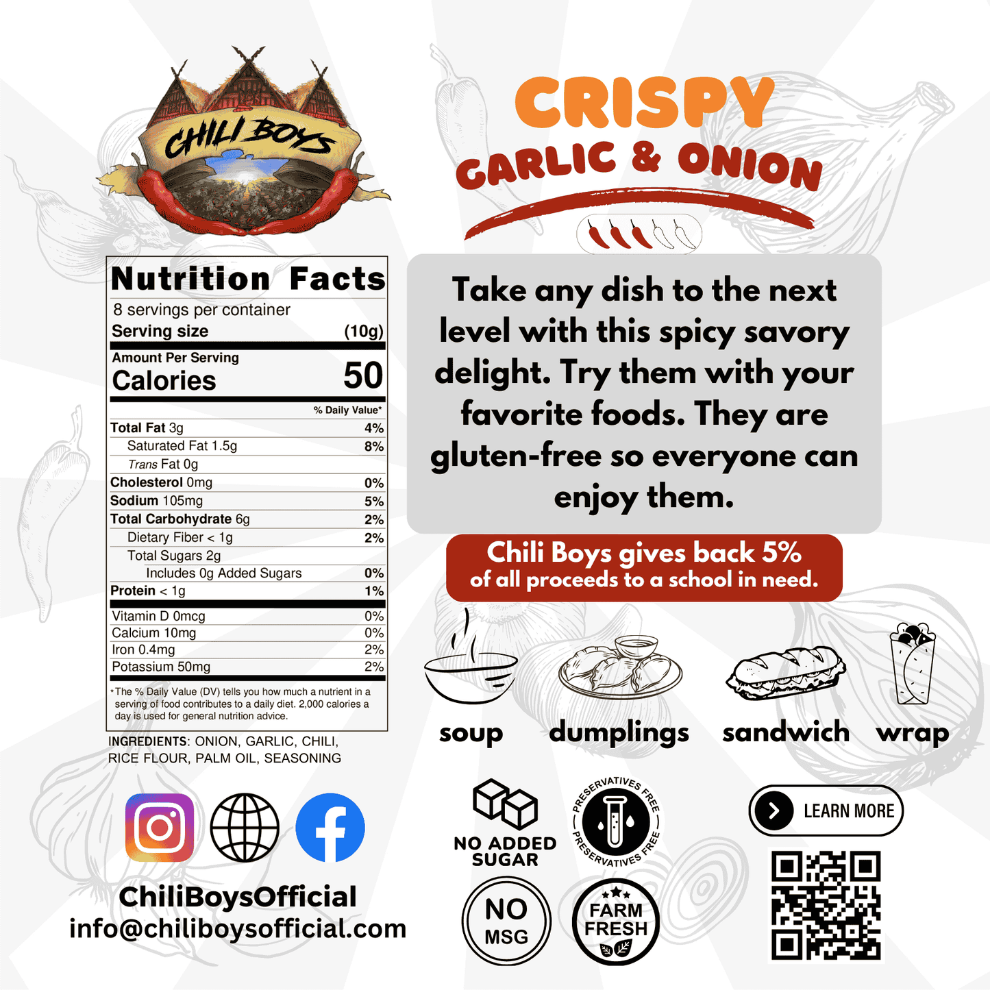 Chili Boys Spicy Crunchy Garlic and Onion Flakes | Spicy Food Topper & Seasoning | Crispy, Bold Flavor for Salads, Soups, Pasta, Meat & More | Vegan | Gluten-Free | Resealable Bag | 80g