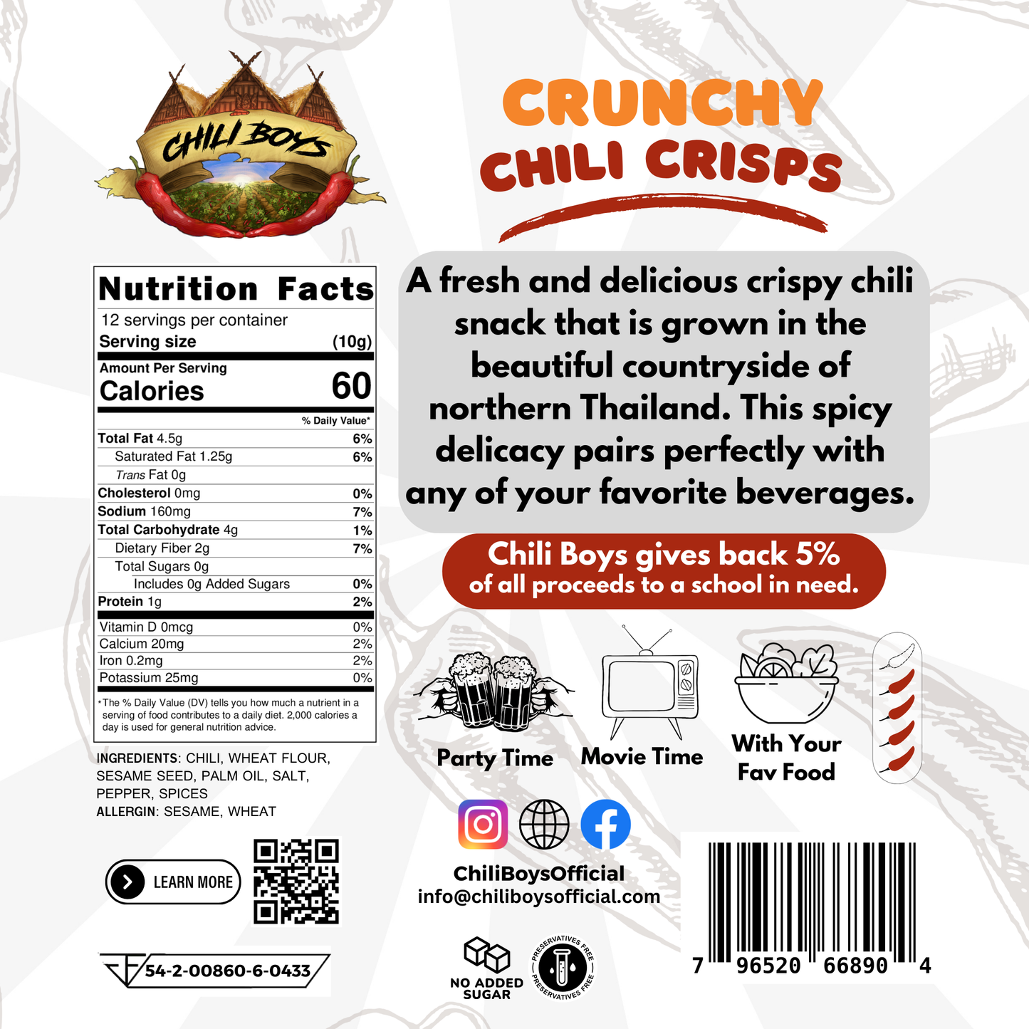 Chili Boys Spicy Crunchy Chili Crisps with Sesame Seeds | Crispy Fried Chili Snack and Food Topper | Vegan | Gourmet Savory Pepper Chips | Ready to Eat | Resealable Bag | 120g