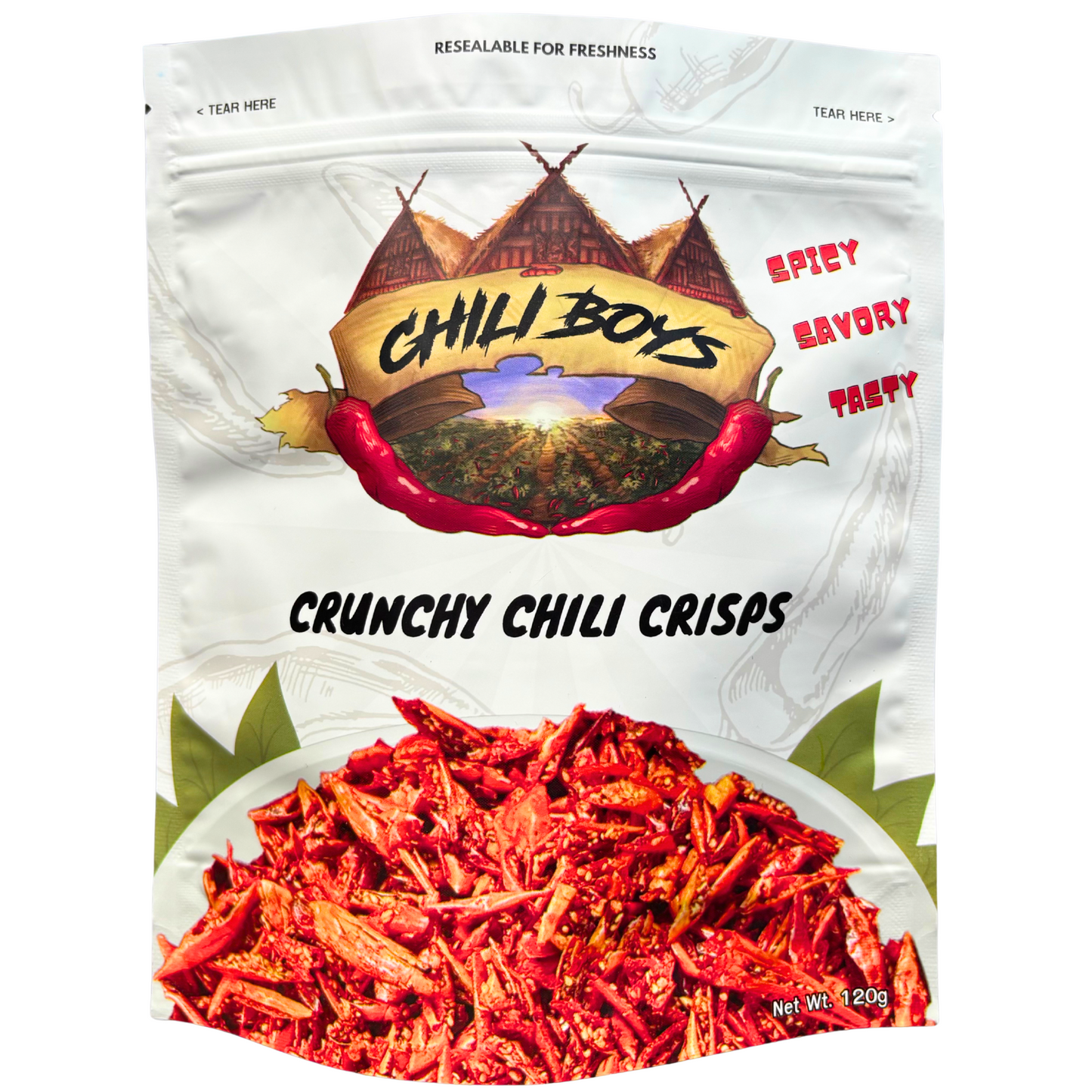 Chili Boys Spicy Crunchy Chili Crisps with Sesame Seeds | Crispy Fried Chili Snack and Food Topper | Vegan | Gourmet Savory Pepper Chips | Ready to Eat | Resealable Bag | 120g