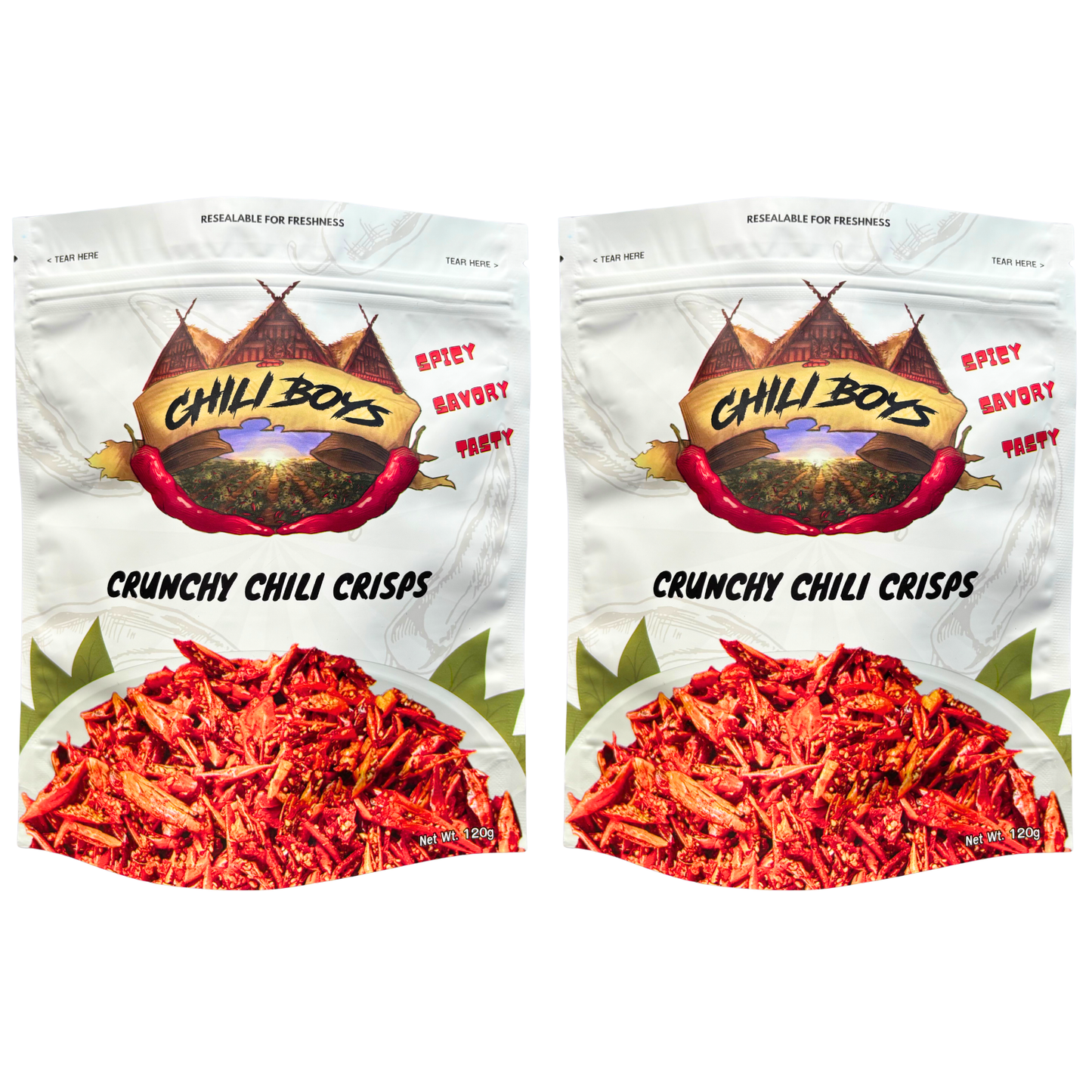 Chili Boys **2 Bag Bundle** Chili Boys Spicy Crunchy Chilis with Sesame Seeds | Crispy Fried Chili Garnish and Food Topper | Vegan | Gourmet Savory Pepper Chips | Ready to Eat | Resealable Bag | 240g Total