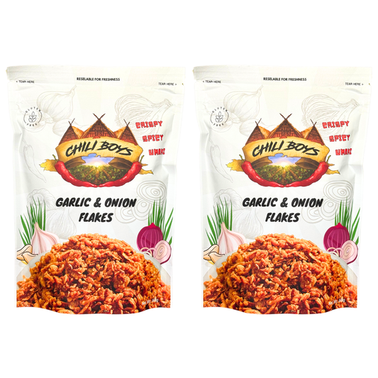 Chili Boys **2 Bag Bundle** Spicy Crispy Garlic and Onion Flakes, Crunchy Gluten-Free Food Topper, Fried All-Purpose Seasoning - 160g Total.