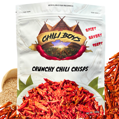 Chili Boys Spicy Crunchy Chili Crisps with Sesame Seeds | Crispy Fried Chili Snack and Food Topper | Vegan | Gourmet Savory Pepper Chips | Ready to Eat | Resealable Bag | 120g