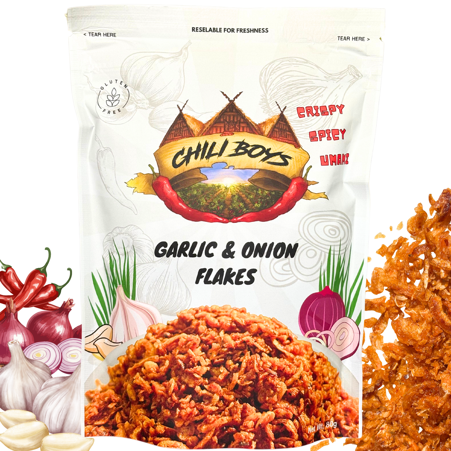 Chili Boys Spicy Crunchy Garlic and Onion Flakes | Spicy Food Topper & Seasoning | Crispy, Bold Flavor for Salads, Soups, Pasta, Meat & More | Vegan | Gluten-Free | Resealable Bag | 80g